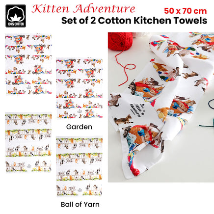 Set of 2 Kitten Adventures Cotton Kitchen Tea Towels 50 x 70 cm Garden - ElectronX Plus