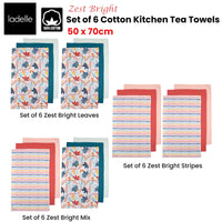 Ladelle Set of 6 Zest Bright Cotton Kitchen Tea Towels 50 x 70 cm Leaves - ElectronX Plus