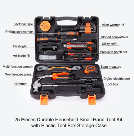 25Pcs Household Hand Tools Set Kit Box with Hard Storage Case Home Supplies - ElectronX Plus