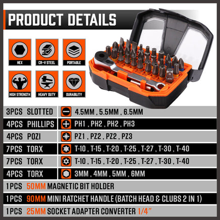 32Piece 1/4" Mini Double Head Screwdriver Bit and Ratchet Set CRV Steel Durable - ElectronX Plus