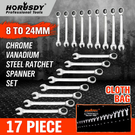 17Pc Ratchet Spanner Set Metric Combination Wrenches Open End Ring CR-V 8-24mm - ElectronX Plus