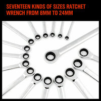 17Pc Ratchet Spanner Set Metric Combination Wrenches Open End Ring CR-V 8-24mm - ElectronX Plus