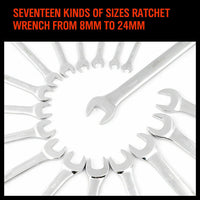 17Pc Ratchet Spanner Set Metric Combination Wrenches Open End Ring CR-V 8-24mm - ElectronX Plus