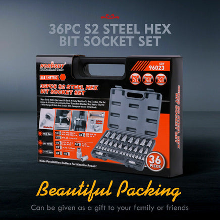 36-Piece Hex Bit Socket Set, SAE and Metric Sizes, S2 Steel Hex Bits, Chrome Vanadium Steel Sockets and Adapters with Storage Case - ElectronX Plus