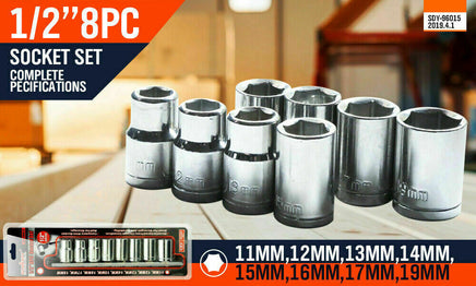 8Pc Metric Socket Set 1/2" Drive 11MM - 19MM For Wrench CRV Mechanic With Holder - ElectronX Plus