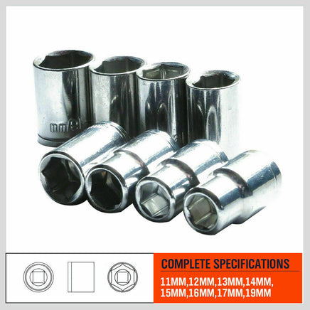 8Pc Metric Socket Set 1/2" Drive 11MM - 19MM For Wrench CRV Mechanic With Holder - ElectronX Plus