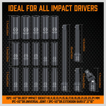 19Pc Deep Socket Set Impact 1/2" Drive Extension Bars Flexible Adapter 10-24mm - ElectronX Plus