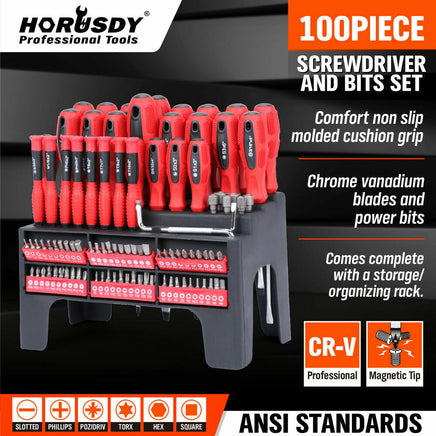 100Pc Screwdriver Set Ratchet Handle Socket Slot Pozi Hex Star Square Bits Rack - ElectronX Plus