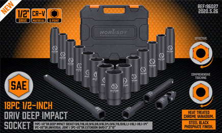 18Pc Deep Impact Socket Set Imperial / SAE Extension Flexible Adaptor 1/2" Drive - ElectronX Plus