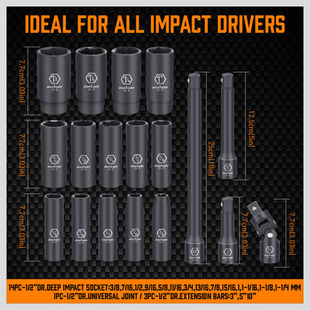 18Pc Deep Impact Socket Set Imperial / SAE Extension Flexible Adaptor 1/2" Drive - ElectronX Plus