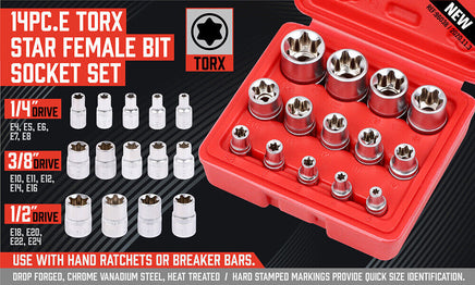 14Pc E Torx Socket Set Female Start Bit External Hex Torque E4-E24 With Case - ElectronX Plus