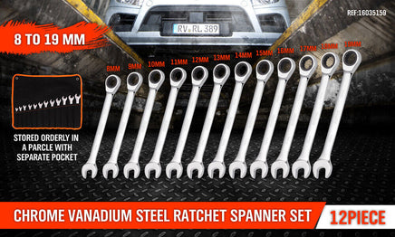 12Pc Ratchet Spanner Set Metric Open & Ring Wrenches 8-19mm CR-V + Rolling Bag - ElectronX Plus