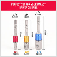 3Pc Socket Bit Adaptor Set Drill Nut Driver Power Extension Bars 1/4" 3/8" 1/2" - ElectronX Plus