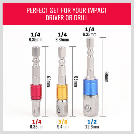 3Pc Socket Bit Adaptor Set Drill Nut Driver Power Extension Bars 1/4" 3/8" 1/2" - ElectronX Plus