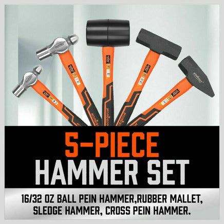 5Pc Hammer Set Rubber / Ball Pein / Sledge / Cross Pein Mallet TPR Grip Handle - ElectronX Plus