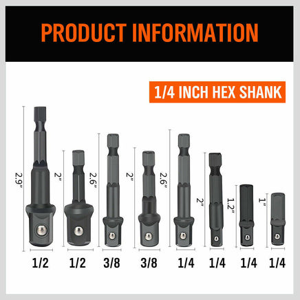 8Pc Drill Socket Adapter Set Impact Nut Driver Hex Extension Bits 1/4" 3/8" 1/2" - ElectronX Plus