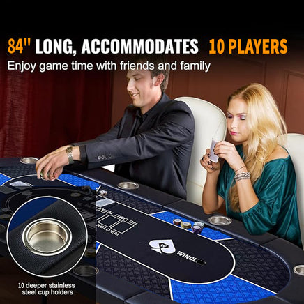 10 Player Foldable Blue Color Poker Table Blackjack Texas Holdem Table with Cup Holders - ElectronX Plus