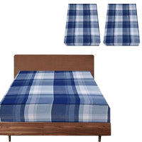 2x Queen Luxury 100% Cotton Flannelette Fitted Bed Sheet - Blue Check Print - ElectronX Plus