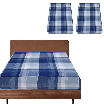 2x Queen Luxury 100% Cotton Flannelette Fitted Bed Sheet - Blue Check Print - ElectronX Plus