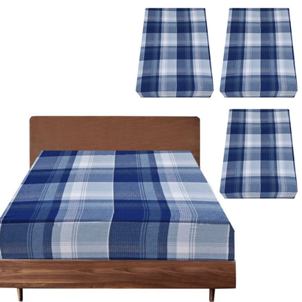 3x Queen Luxury 100% Cotton Flannelette Fitted Bed Sheet - Blue Check Print - ElectronX Plus