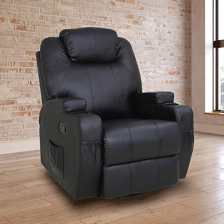 Black Massage Sofa Chair Recliner 360 Degree Swivel PU Leather Lounge 8 Point Heated - ElectronX Plus