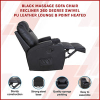 Black Massage Sofa Chair Recliner 360 Degree Swivel PU Leather Lounge 8 Point Heated - ElectronX Plus