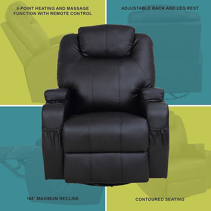 Black Massage Sofa Chair Recliner 360 Degree Swivel PU Leather Lounge 8 Point Heated - ElectronX Plus