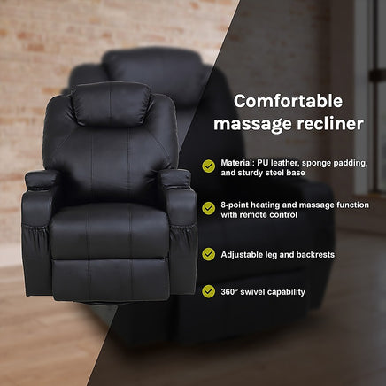 Black Massage Sofa Chair Recliner 360 Degree Swivel PU Leather Lounge 8 Point Heated - ElectronX Plus