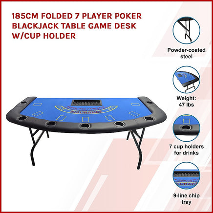 185cm Folded 7 Player Poker Blackjack Table Game Desk W/Cup Holder - ElectronX Plus