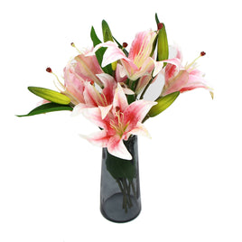 Premium Faux Pink Lily In Glass Vase (Artificial Tiger Lily Arrangement) - ElectronX Plus