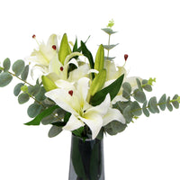 Premium Faux White Lily In Glass Vase (Tiger Lily Bouquet With Eucalyptus) - ElectronX Plus