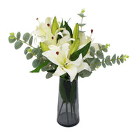 Premium Faux White Lily In Glass Vase (Tiger Lily Bouquet With Eucalyptus) - ElectronX Plus