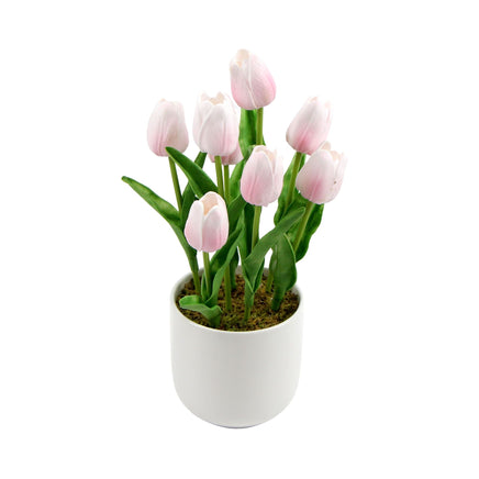 Flowering Pink Artificial Tulip Plant Arrangement With Ceramic Bowl 35cm - ElectronX Plus