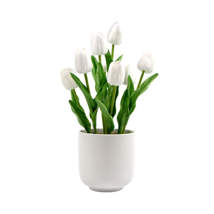 Flowering White Artificial Tulip Plant Arrangement With Ceramic Bowl 35cm - ElectronX Plus