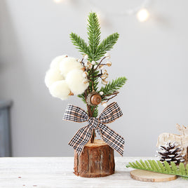 Mini Rustic Christmas Tree Decoration – 9.84 Inches Tall with Cotton and Plaid Bow Accents (4 trees)