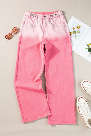 Pink Scattering Rhinestone Gradient Denim Pants - ElectronX Plus