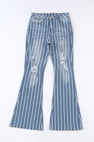 Sky Blue Vertical Striped Ripped Flare Jeans - ElectronX Plus