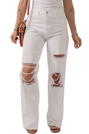 Bright White Heavy Distressed Straight Leg Jeans - ElectronX Plus