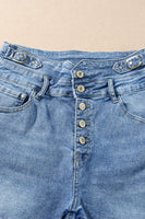 Dusk Blue Button Fly High Waist Roll Edge Denim Shorts - ElectronX Plus