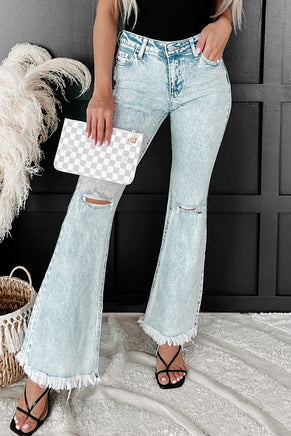 Sky Blue Distressed Acid Wash Flare Jeans - ElectronX Plus