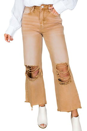 Brown Distressed Hollow-out High Waist Cropped Flare Jeans - ElectronX Plus