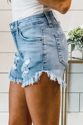 Light Blue Frayed Hem Denim Shorts - ElectronX Plus