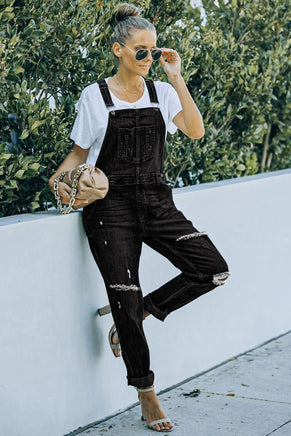 Black Distressed Bib Denim Overalls - ElectronX Plus