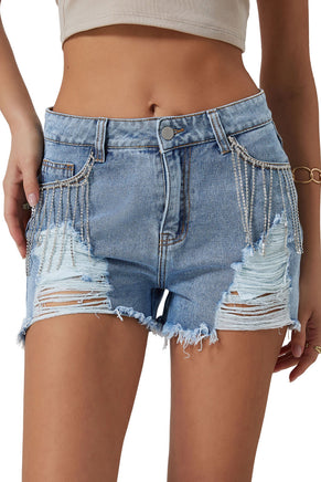 Sky Blue Rhinestone Tassel Distressed Denim Shorts - ElectronX Plus