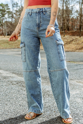 Sky Blue Cool Cargo Style Wide Leg Jeans - ElectronX Plus