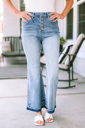 Sky Blue High Waist Buttoned Distressed Flared Jeans - ElectronX Plus