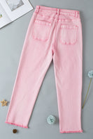 Apricot Pink Multi Buttons Raw Edge Crop Jeans - ElectronX Plus