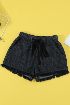 Black Casual Pocketed Frayed Denim Shorts - ElectronX Plus