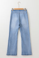 Light Blue Fly Button Exposed Seam Patched Pocket Flare Jeans - ElectronX Plus