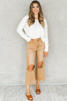 Brown Distressed Hollow-out High Waist Cropped Flare Jeans - ElectronX Plus